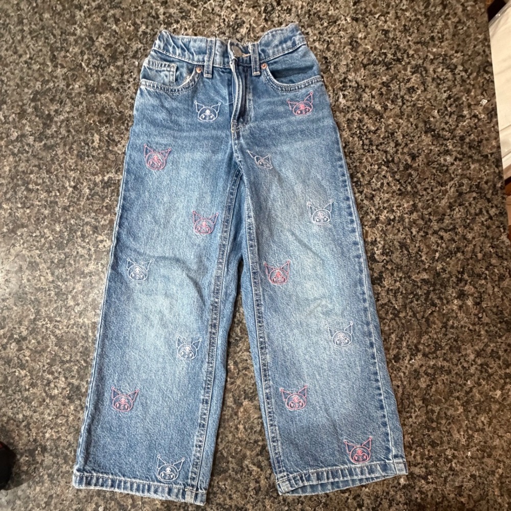 Zara Kids Sanrio Kuromi Embroidered Wide Leg Jeans Light Wash Blue Size 6-7Y
